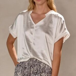 MELISSA NEPTON Wanda Top White Satin Boxy Short Sleeve V Neck Blouse Large